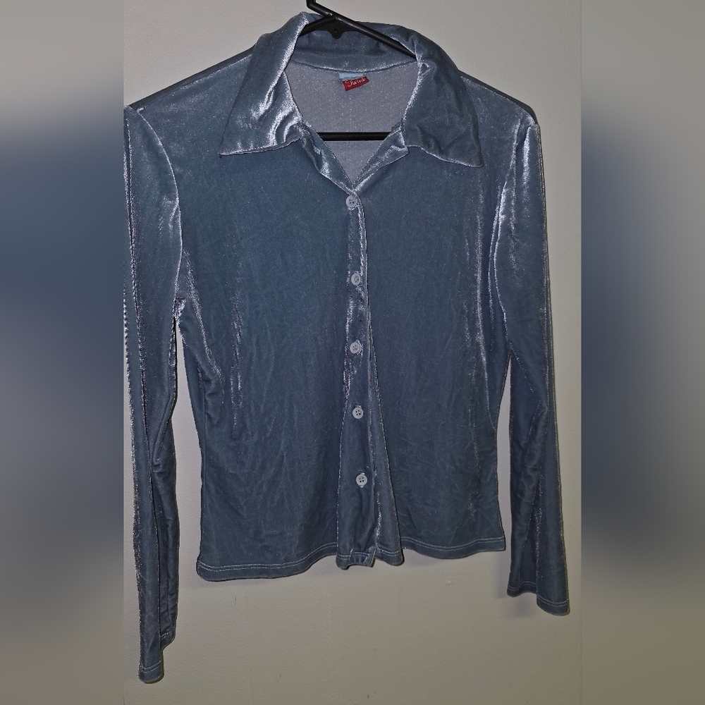 Light Blue Soft Velvet Long Sleeved Button Front Top